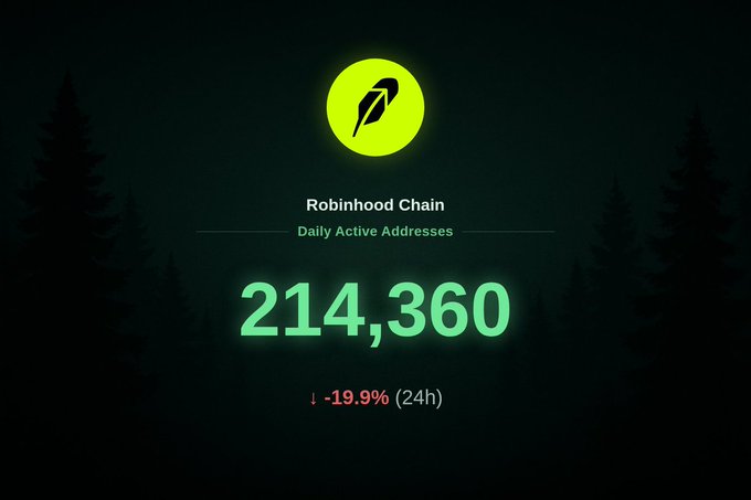 A dark-themed graphic featuring the Robinhood Chain logo displays "Daily Active Addresses: 214,360" with a -19.9% (24h) decline indicator, visually supporting the post's claim about the chain's 214,360 active addresses in the last 24 hours as part of its growing on-chain metrics.