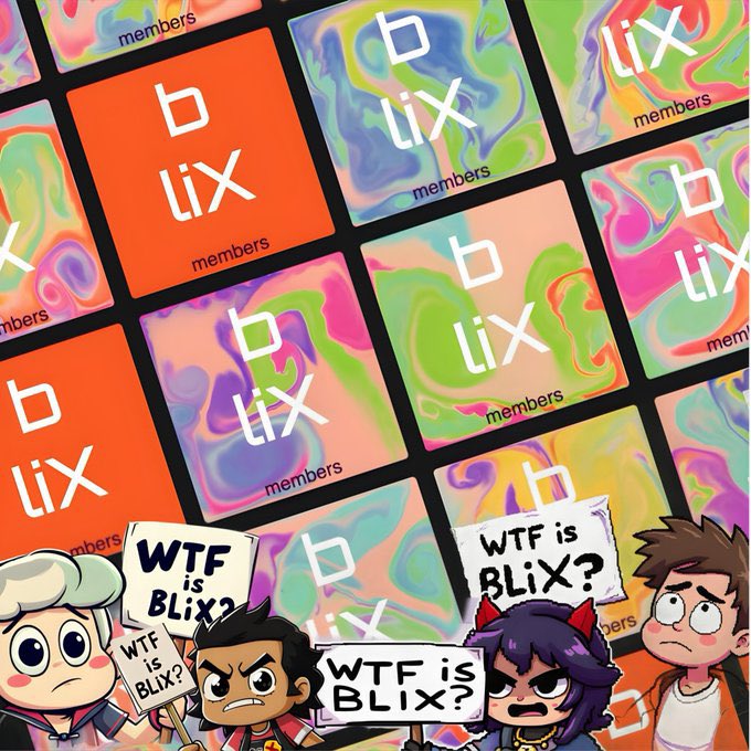 A colorful 'blix members' promotional image featuring cartoon characters holding signs that ask 'WTF is BLIX?'.