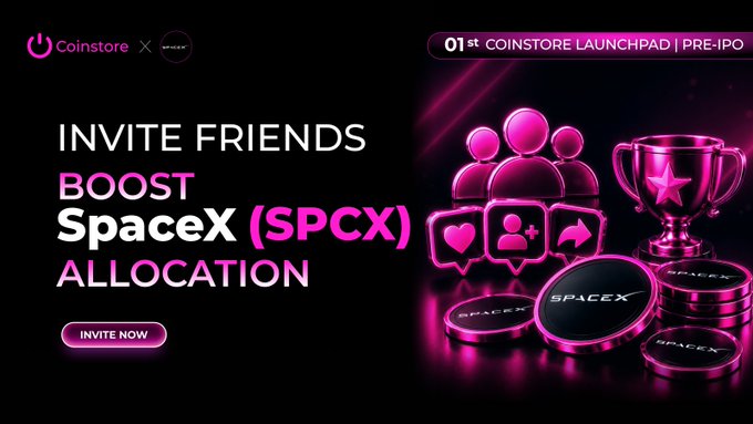 The image features a poster for an event related to Space X, specifically the pre-IPO Warm-up Campaign. The poster includes a pink background with text that reads "Invite friends boost SPCX (SPCX) allocation". There are three coins on the poster, one of which is a gold trophy. The text also mentions that there's an opportunity to earn more and boost your $SPCX allocation during this campaign.
