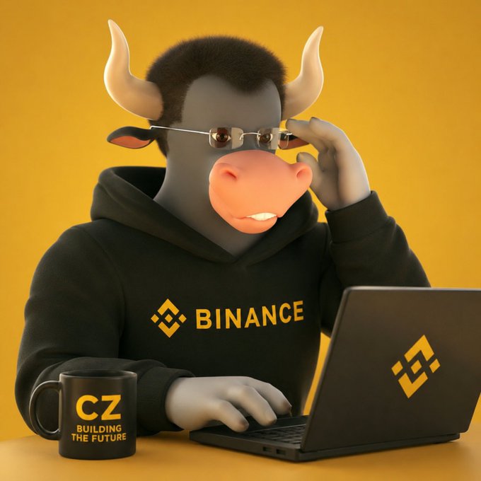 A cartoon bull character wearing a Binance hoodie and glasses sits working on a laptop with the Binance logo, beside a black mug reading "CZ - BUILDING THE FUTURE," all set against a yellow background. The image ties to the post by symbolizing bullish momentum and CZ's leadership as Binance works to revive a full BNB season.
