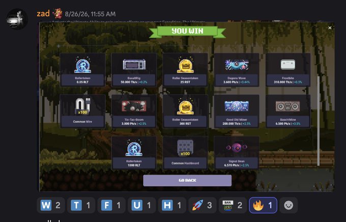 A screenshot of a Discord message from user 'zad' displaying a 'YOU WIN!' screen from a pixel art game, showing various prizes won including Roll: RLT (5.05 RLT), Headphones, Roller Skateboard (25 RST), Oxygen Mask, Cassette, Common Wire, Tan-tan-dan (3,000 Pks), Roller Skateboard (500 RST), Cloud Old Miner, BeanVine, Common Hubboard, and VIP Headphones (1500 RLT), with a 'GO BACK' button and a Wordle-style game at the bottom showing W2 T1 F1 U1 H1.
