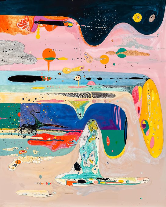 A colorful surrealist abstract painting featuring organic flowing shapes, dots, and a melting clock-like form in pastel pinks, yellows, and blues against a starry dark background.