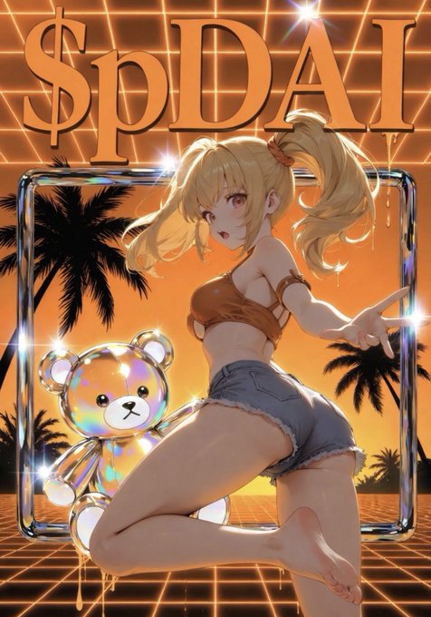 An anime-style illustration with the text '$pDAT' against an orange sunset background, featuring a blonde girl with pigtails posing next to a holographic teddy bear.