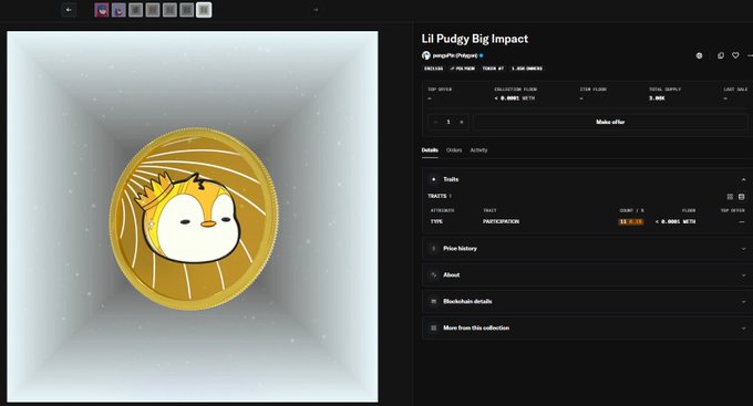 The image shows a computer screen with two different screens displayed side by side, both featuring a cartoon penguin face. The first screen displays an image of a gold coin with a cartoon penguin face, while the second screen has a list of details about the coin and its value. The text in the image reads "Adding 1 more SBT to the collection! Thank you @LilPudgys !!! Keep stacking your SBT!".