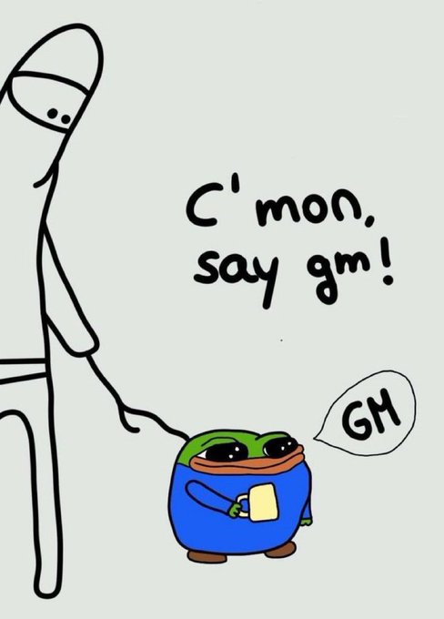 A simple black-and-white stick figure drawing where a tall character prompts a small green Pepe-style frog, who responds with a speech bubble saying 'GM' to the request 'C'mon, say gm!'.