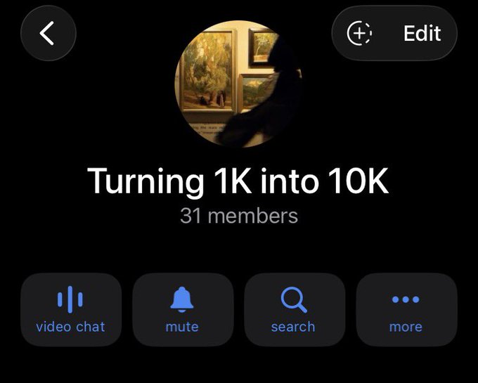 A Telegram group titled "Turning 1K into 10K" currently has 31 members, reflecting the post's announcement of a new challenge that will lock at 50 members. The post suggests the creator is moving away from public trade sharing due to alleged manipulation of $PARTI and is preparing to grow a $1,000 account to $10,000 within the private group.