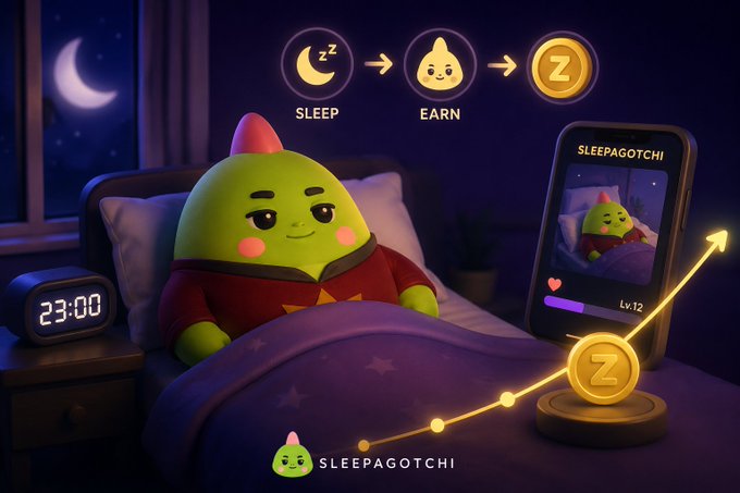 A promotional image for 'SLEEPAGOTCHI' showing a green cartoon character sleeping in bed, with icons showing 'SLEEP → EARN → Z' and a phone displaying the app at level 12.