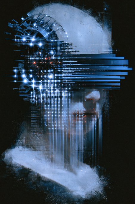 A ghostly human profile is overlaid with streams of glowing blue digital code and data fragments, evoking a fusion of human cognition and machine processing. The glitchy, circuit-like aesthetic—reminiscent of hacker or cyberpunk imagery—visually echoes the post's title "MindC0de," suggesting the literal translation of thought into digital language.