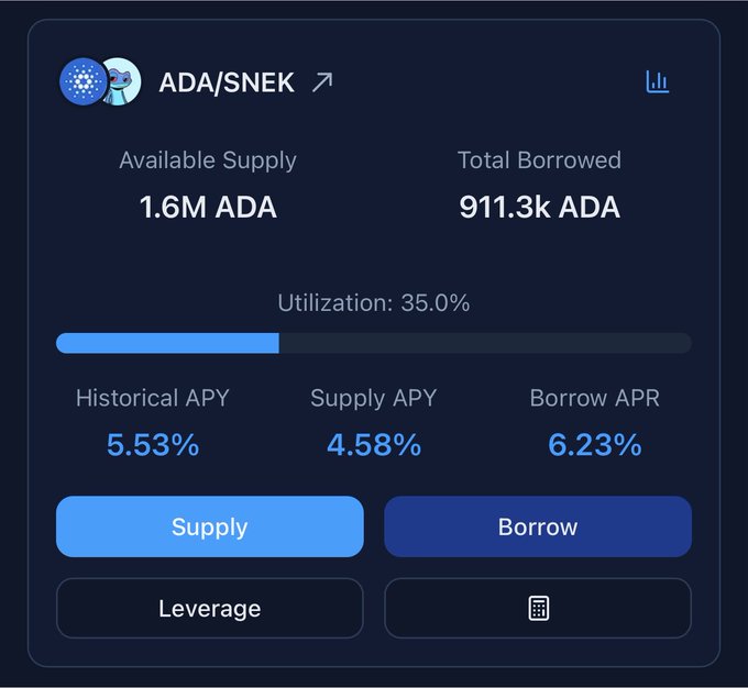 A screenshot of the ADA/SNEK cryptocurrency lending platform showing 1.6M ADA available supply, 911.3k ADA total borrowed, 35.0% utilization, and APY/APR rates.