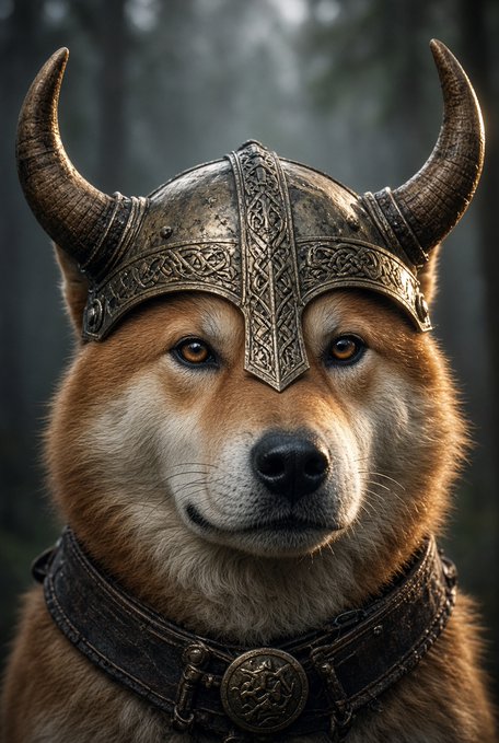 A detailed digital portrait of a Shiba Inu dog wearing an ornate Viking-style helmet with large curved horns and decorative metal armor with a circular medallion.