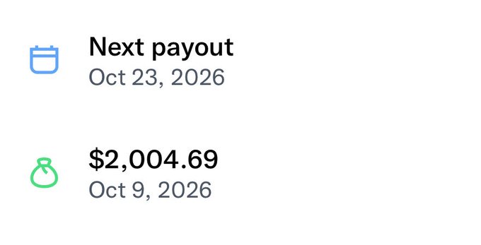 A screenshot showing a $2,004.69 payout received on Oct 9, 2026, with the next payout scheduled for Oct 23, 2026, humorously highlighting the "42069" digits that the poster joked about in their caption.