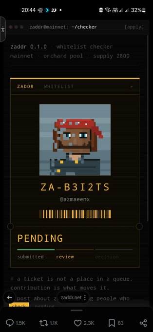 A mobile screenshot shows a "zaddr whitelist checker" displaying a pirate pixel NFT labeled "ZA-B31ZTS" by @azmaenx in PENDING status.