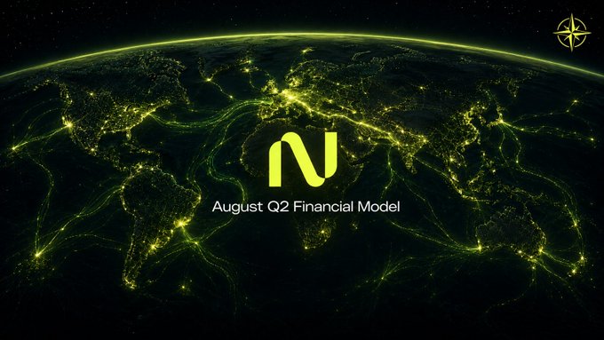 A stylized view of Earth at night with glowing yellow-green interconnected light networks spanning the globe, overlaid with a large "N" logo and the text "August Q2 Financial Model," with a small compass icon in the upper right. The image ties to the post's bullish thesis on $NBIS by visually representing a "neocloud/scaler" infrastructure connecting global data and compute nodes, emphasizing the worldwide scale and connectivity central to the author's investment argument.