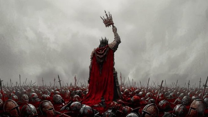 A dark fantasy illustration of a crowned figure in red robes holding up a crown, standing before an army of fallen soldiers in a battlefield under a gray sky.