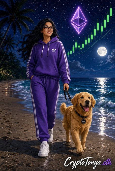 A digital illustration shows a woman in a purple Adidas tracksuit walking a golden retriever on a moonlit beach, with the Ethereum logo and a green candlestick chart in the night sky and 'CryptoTonya.eth' written at the bottom.