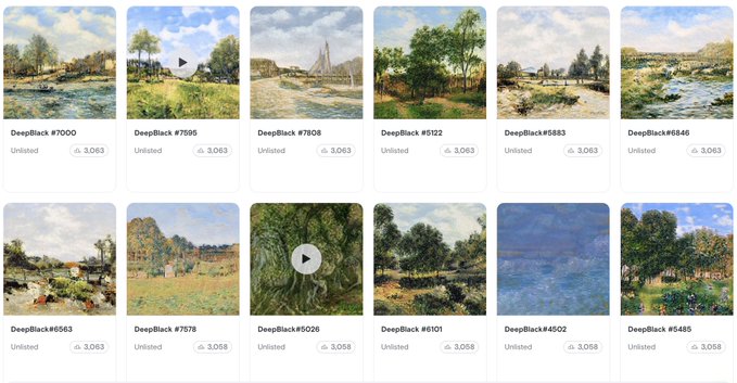 A gallery of landscape paintings in the style of Monet, all listed with 'DeepBlack' collection names and numbers, showing scenic rivers, bridges, and trees with view counts around 3,000-3,058.
