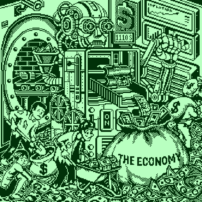 A green pixel-art illustration depicting a chaotic factory scene labeled 'THE ECONOMY,' featuring workers, money bags, an 'INFLATION' monitor, and a conveyor belt processing cash.