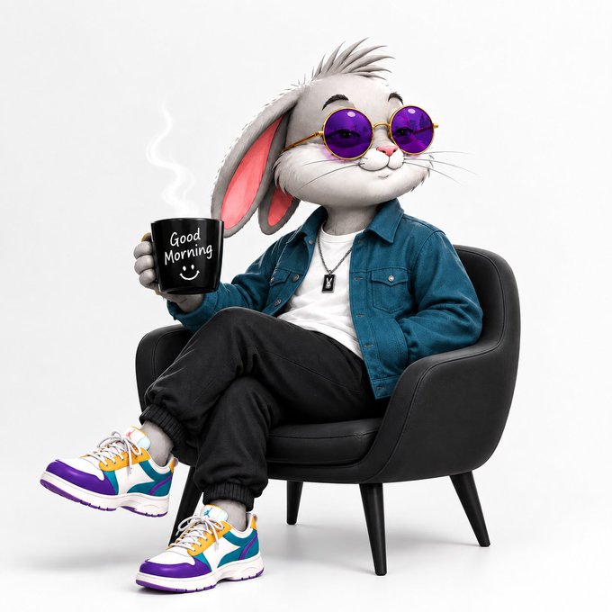 A 3D-rendered cartoon image of a gray rabbit wearing purple sunglasses, a denim jacket over a white shirt, black pants, and colorful sneakers, sitting in a black chair while holding a black mug that reads 'Good Morning' with a smiley face.