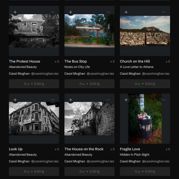 The image displays an Objkt marketplace listing page featuring six photography collections by Cassi Moghan (@cassimoghan.tez), including titles like "The Protest House," "The Bus Stop," "Church on the Hill," "Look Up," "The House on the Rock," and "Fragile Love," priced between 3.00 and 5.00 tez with 5 editions each. This aligns with the post announcing that the artist is raising prices in September and encouraging collectors to purchase her work at current low rates on objkt.com.