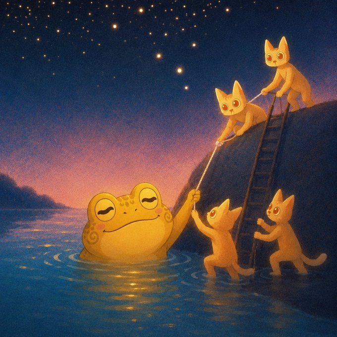 A cheerful, glowing yellow frog sits in calm water under a starry twilight sky, while four golden cats collaborate to rescue it using a ladder and rope from a rocky outcrop—symbolizing teamwork and community support that ties into the "$JIN" token's mission of collective progress.