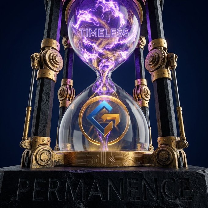 A dramatic digital artwork of an hourglass with glowing purple energy inside, labeled 'TIMELESS' and 'PERMANENCE', featuring a central logo with the letters 'G' and 'T' in blue and gold.