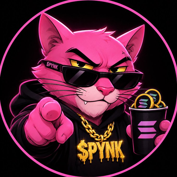 A cartoon pink cat wearing sunglasses and a gold chain with a "$PYNK" pendant points at the viewer while holding a cup of Solana coins, branded with the $PYNK logo.