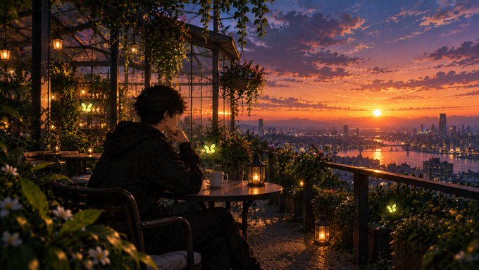 A person in dark clothing sits at a table on a lush balcony at sunset, drinking from a cup while overlooking a city skyline with the sun setting over the water.