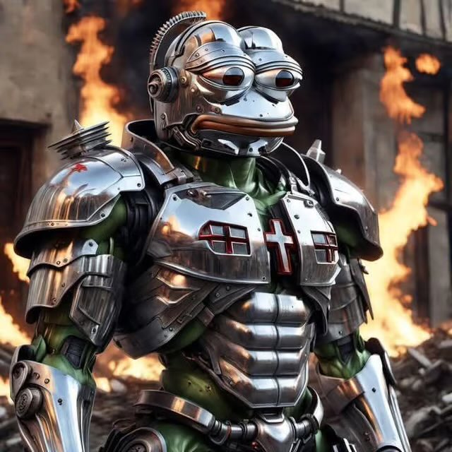 A figure wearing chrome armor with a green, textured body stands in front of flames.