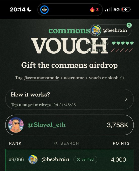 A mobile screenshot of a "VOUCH" leaderboard for a Commons airdrop, showing @Slayed_eth in 1st place with 3,758K points and user @beebrain ranked #9,066 with 4,000 points, promoting a vouch-based airdrop campaign where users tag @commonsmade to earn rewards.