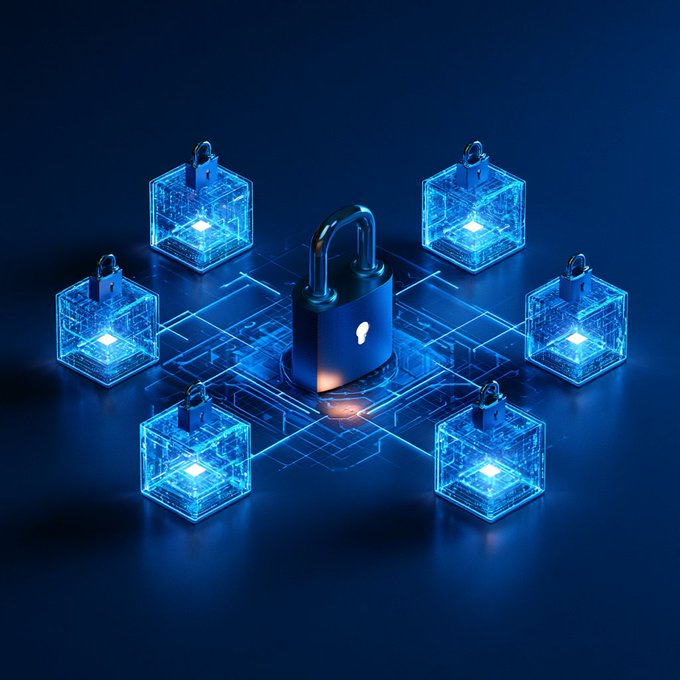 A 3D digital illustration depicting cybersecurity, showing a central padlock surrounded by six smaller padlocks, all glowing blue and connected by digital circuit lines on a dark blue background.