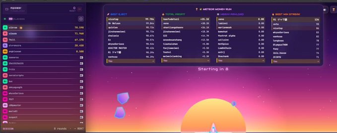 Screenshot of a multiplayer browser game showing a 'Meteor Money Run' lobby with player leaderboards on the left and a countdown 'Starting in 8' over a pixel-art sunset background.