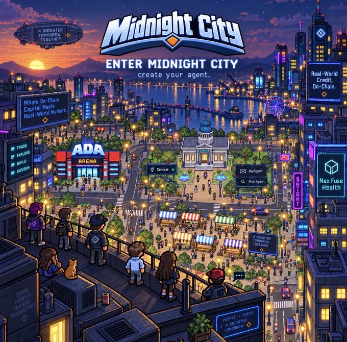 Pixel art promotional graphic for 'Midnight City' with the tagline 'ENTER MIDNIGHT CITY create your agent,' featuring various locations like 'ADA ARENA' and text including 'A BRIGHTER TOMORROW TOGETHER' and 'Real-World Credit, On-Chain.'