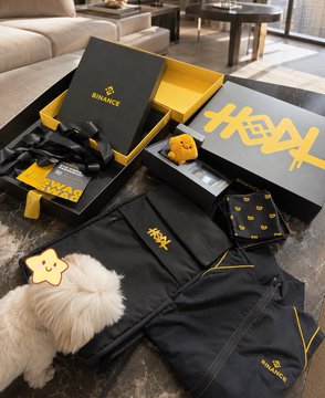 A photo of a black and yellow 'HKEX' branded gift set containing apparel, socks, and accessories laid out on a marble floor next to a small white dog.