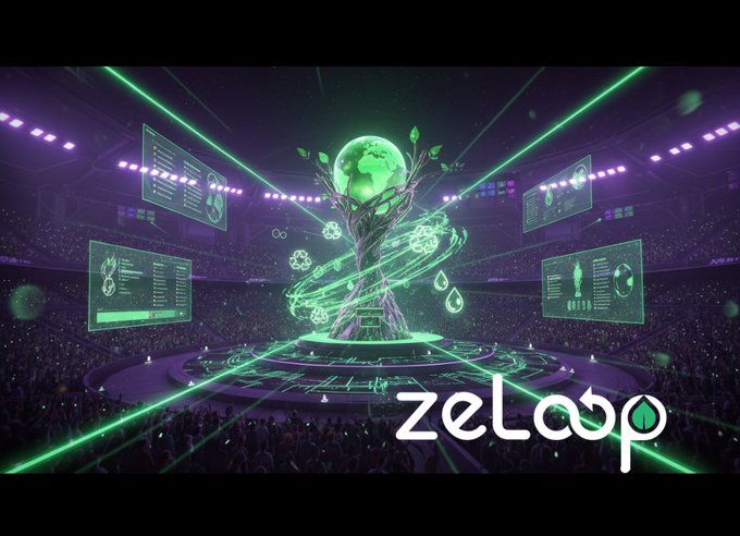 A glowing green digital tree sculpture with a globe at the top sits in the center of an arena filled with screens and a crowd, with the 'zeloop' logo displayed in the lower right corner.