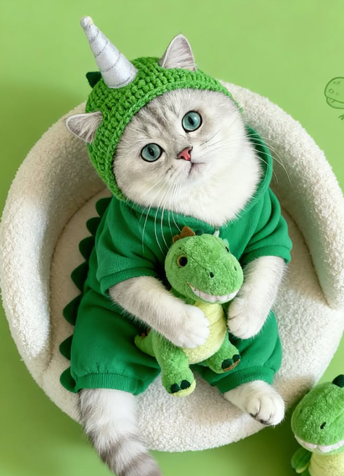 A fluffy white and gray cat dressed in a green crocheted dinosaur costume with a horn sits in a plush bed, hugging a small green dinosaur plush toy against a bright green background. The image perfectly matches the post's playful narrative of "Pipi" evolving into a dinosaur-themed boss ready to take over the living room with their loyal prehistoric sidekick.
