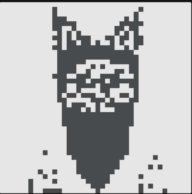 A pixel art image of a black cat wearing what appears to be a decorative collar or mask design, with small pixelated details resembling fish or bubbles floating below. The image represents the user's first "Normies" Cat NFT, which they plan to customize to earn APs for engagement with the pixel art ecosystem.