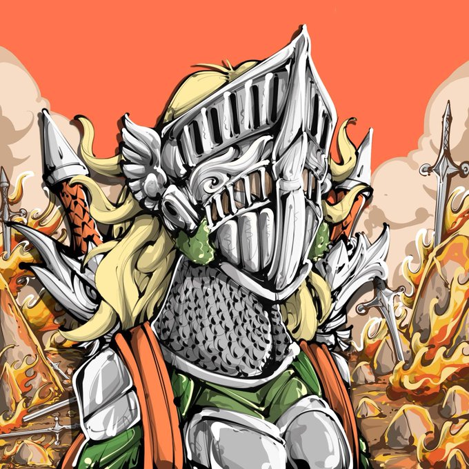 An illustration of a blonde knight in silver armor holding a sword, standing before a flaming battlefield with an orange sky.