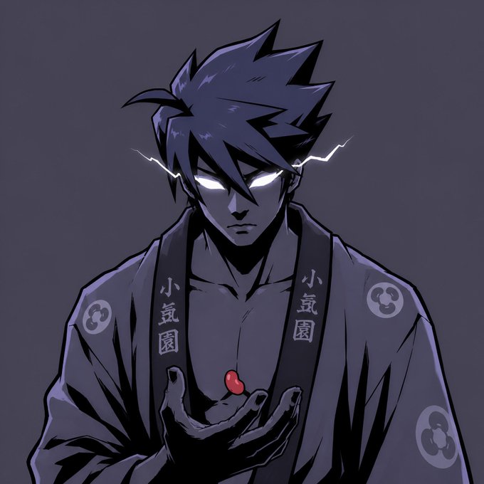 Anime-style illustration of a spiky-haired male character wearing a dark kimono with Japanese text '小気団' on the lapels, glowing white eyes, and a small red object in his hand.