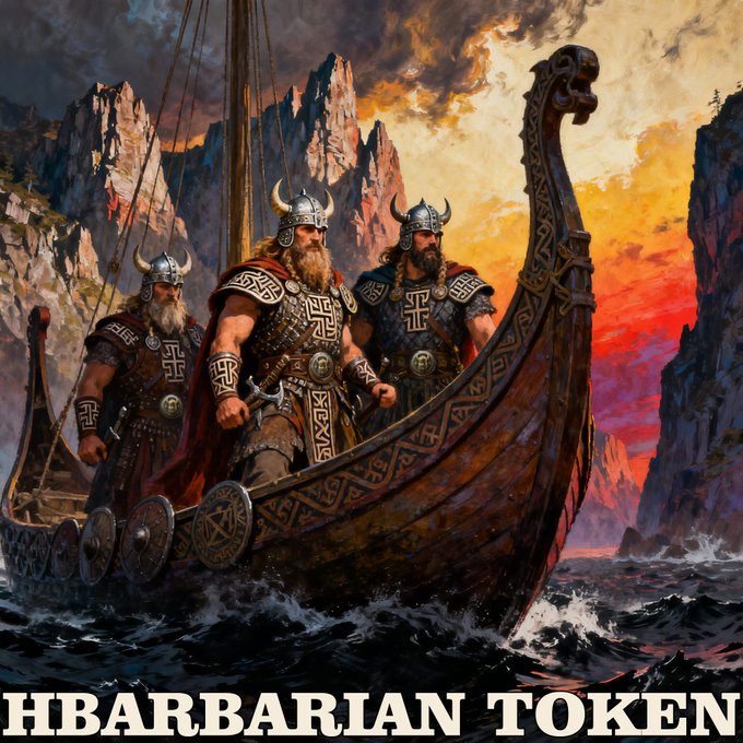 A fantasy illustration of three bearded Viking warriors wearing horned helmets and ornate armor aboard a wooden longship with intricate carvings, sailing through dramatic seas at sunset, labeled 'HBARBARIAN TOKEN'.