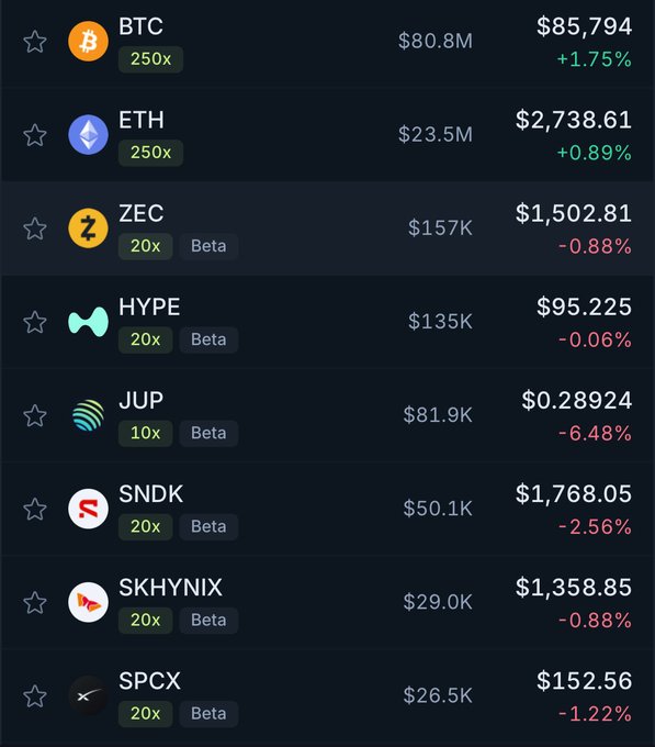 A cryptocurrency trading interface showing prices and 24h percentage changes for assets including BTC ($85,794, +1.75%), ETH ($2,738.61, +0.89%), ZEC ($1,502.81, -0.88%), HYPE ($95.225), and JUP, with leverage indicators like 250x, 20x, and 10x.