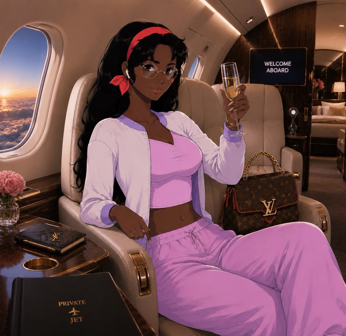 An anime-style illustration of a dark-skinned woman with long black hair, glasses, and a red headband, wearing a pink and white outfit and holding champagne on a private jet, with a 'WELCOME ABOARD' screen and Louis Vuitton handbag visible.