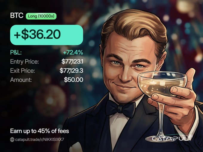 A promotional image for Catapult Trade featuring an illustration of a well-dressed man in a tuxedo holding a champagne glass, showcasing a successful BTC long position with 10000x leverage, a +$36.20 profit (+72.4% P&L), and a referral link (catapult.trade/r/NIIKKISIXX7) with an offer to "Earn up to 45% of fees."