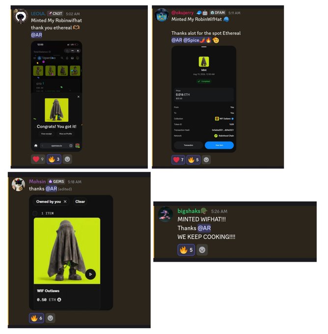 Four Discord users (LEZOALA, @okuerrx, Mohsin, and bigshaks) share screenshots and thank-you messages after minting "WIF Outlaws" NFTs from @AR at 0.5 ETH, with prices paid ranging from 0.016 to 0.016 ETH—aligning with the poster's note about community members "cooking" with Ethereal at prices well below the 0.22 ETH ATH.