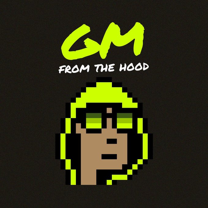 A pixel-art style graphic on a black background featuring a character wearing a green hoodie and sunglasses with the neon green text 'GM FROM THE HOOD'.