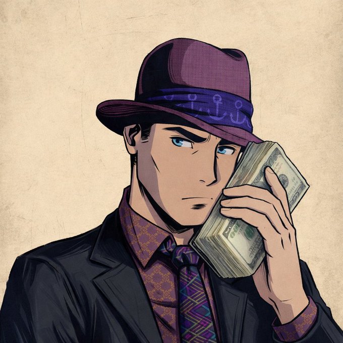 A stylish anime-style illustration shows a cool, sharp-dressed man in a purple fedora with anchor patterns, holding a thick stack of cash up to his face with a confident smirk. The image ties into the "GM & have a happy weekend" post by projecting a boss-like, money-having weekend vibe — embodying the energy of someone waking up financially free and ready to enjoy the weekend.