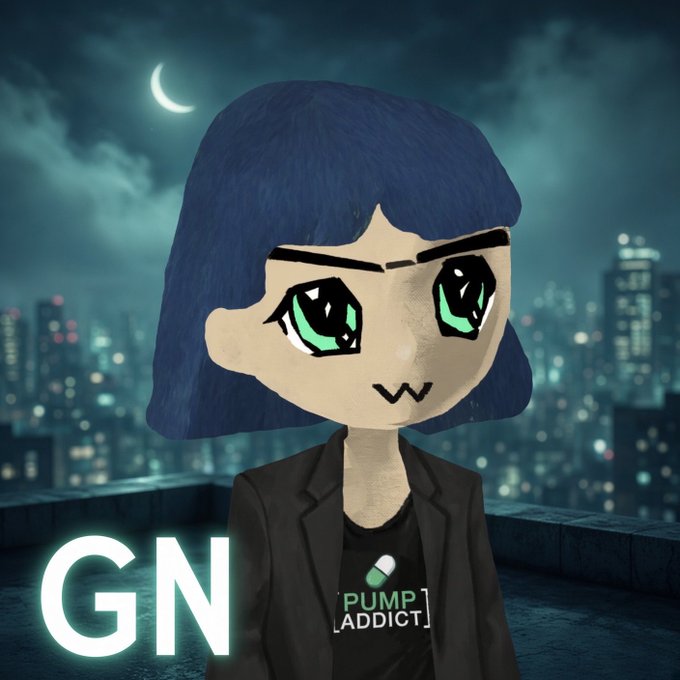 A stylized illustration of a blue-haired anime-style character wearing a blazer and a 'PUMP ADDICT' shirt, set against a nighttime city skyline with the letters "GN" glowing in the corner.