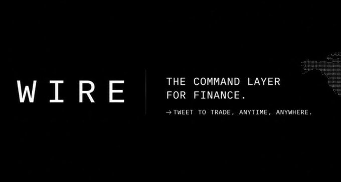 A dark promotional banner features the text "WIRE" in large white letters alongside the tagline "THE COMMAND LAYER FOR FINANCE. → TWEET TO TRADE, ANYTIME, ANYWHERE." The image serves as branding for the Wire ecosystem mentioned in the post, which highlights growth milestones for tokens including $WIRE, $HMM, $DOW, $SCHIZO, and $CUTE.
