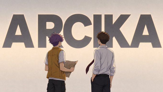 An illustration of two anime characters viewed from behind, standing side by side in front of a large wall displaying the word 'ARCIKA'.