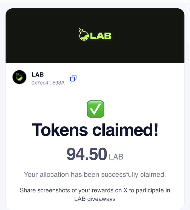 A screenshot shows a successful crypto airdrop claim confirming "Tokens claimed!" of 94.50 LAB to wallet address 0x7ec4...593A, which contradicts the accompanying post's claim of receiving only "$9 worth" of LAB tokens.