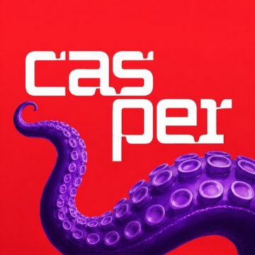 A bold red graphic features the text "CASPER" in white above a purple octopus tentacle, representing the Casper (CSPR) cryptocurrency token. The striking branding aligns with the post's coverage of CSPR's rising popularity and the launch of its perpetual futures on Kraken.